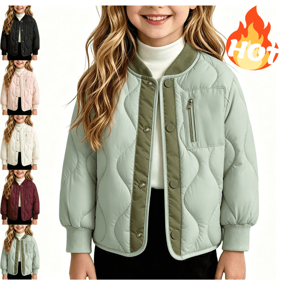 LUGOGNE Girls Quilted Puffer Jacket Snap Button Ribbed Collar Lightweight Warm Coat Wave Stitching with Chest Zip Pocket for Fall Winter School Casual Daily Outerwear Mint Green,11-12Years