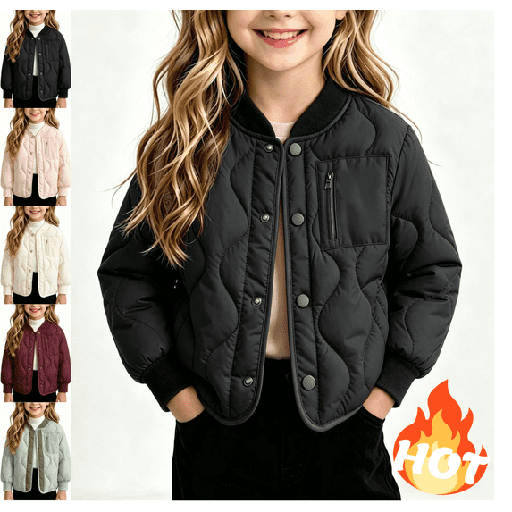 LUGOGNE Girls Quilted Puffer Jacket Snap Button Ribbed Collar Lightweight Warm Coat Wave Stitching with Chest Zip Pocket for Fall Winter School Casual Daily Outerwear Black,3-4 Years