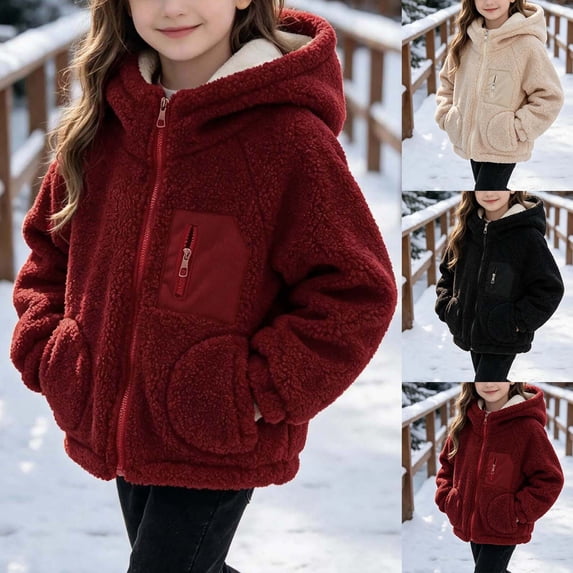 LUGOGNE Girls Sherpa Fleece Jacket Hooded Long Sleeve Full Zip Warm Teddy Coat Casual Loose Fit Outerwear with Multiple Pockets Kids Fall Winter Clothing