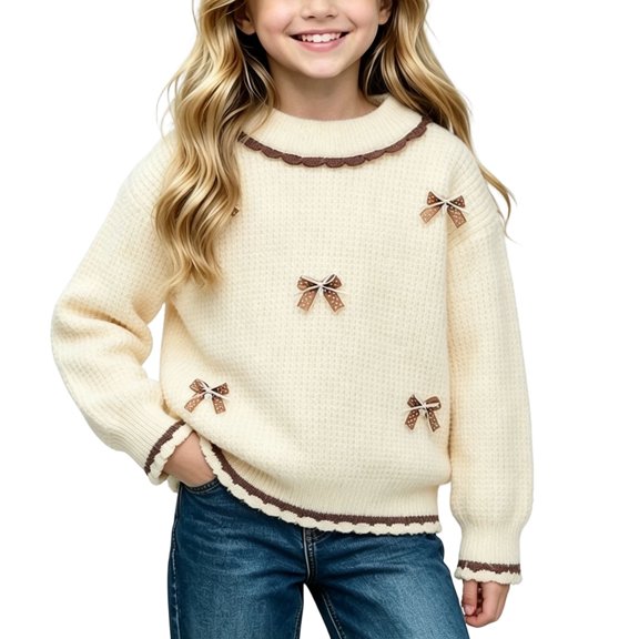 LUGOGNE Girls Sweaters Crewneck Long Sleeve Pullover Sweater Cute 3D Bowknot Ruffle Trim Waffle Knit Warm Fall Winter Kids Clothing Beige,Size 7