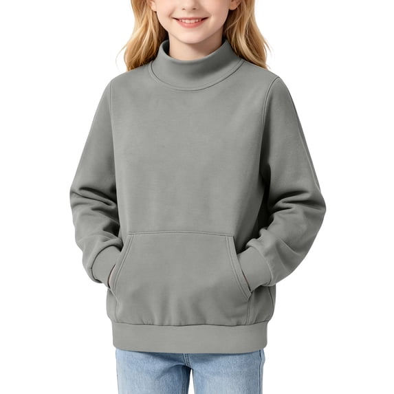 LUGOGNE Girls Sweatshirt Mock Neck Warm Pullover Sweatshirt with Pockets Solid Long Sleeve Cozy Fall Winter Casual Pullover Tops Gray,150