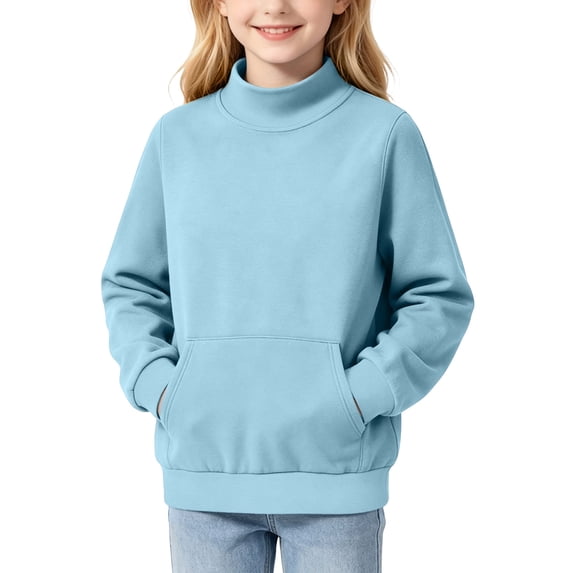 LUGOGNE Girls Sweatshirt Mock Neck Warm Pullover Sweatshirt with Pockets Solid Long Sleeve Cozy Fall Winter Casual Pullover Tops Light Blue,170