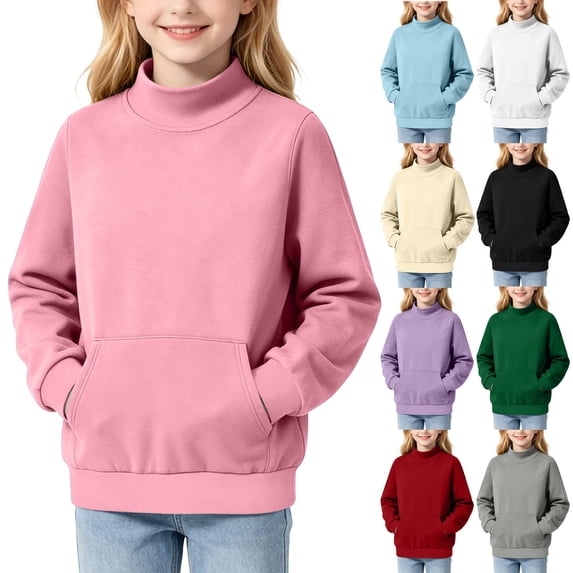 LUGOGNE Girls Sweatshirt Mock Neck Warm Pullover Sweatshirt with Pockets Solid Long Sleeve Cozy Fall Winter Casual Pullover Tops Pink,130
