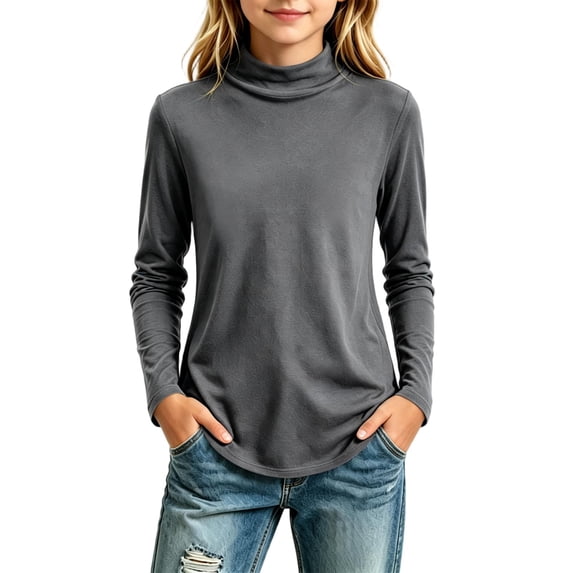 LUGOGNE Girls Tshirt Turtleneck Long Sleeve Thermal Undershirt Soft Comfortable Fall Winter Basic Tops Gray,11-12 Years