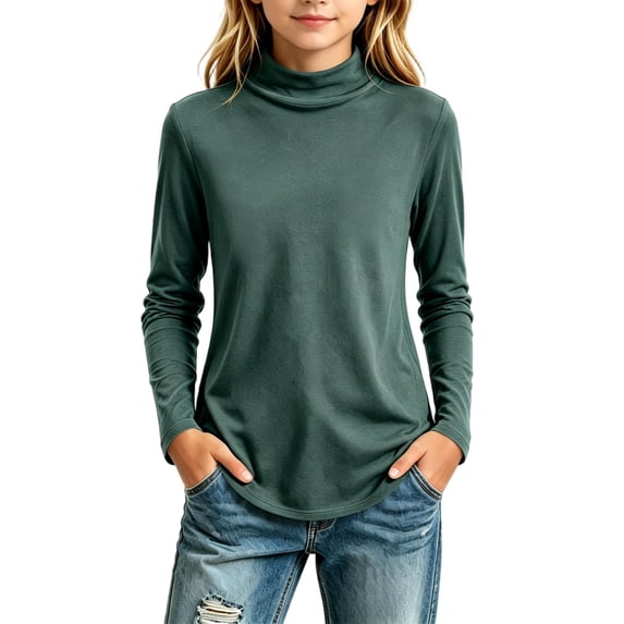 LUGOGNE Girls Tshirt Turtleneck Long Sleeve Thermal Undershirt Soft Comfortable Fall Winter Basic Tops Green,7-8 Years