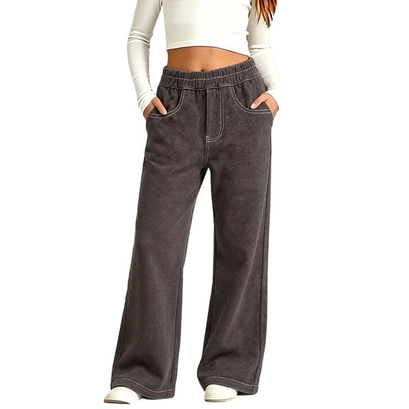 LUGOGNE Girls Wide Leg Denim Pants Elastic Waist Kids Uniform Pants Contrast Stitching Relaxed Fit Casual Everyday Jeans with Pockets