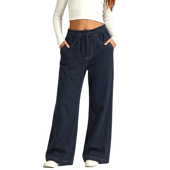 LUGOGNE Girls Wide Leg Denim Pants Elastic Waist Kids Uniform Pants Contrast Stitching Relaxed Fit Casual Everyday Jeans with Pockets