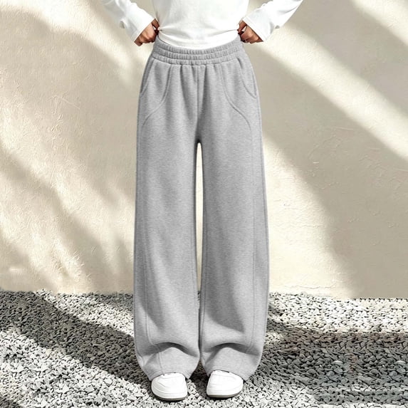 LUGOGNE Girls Wide Leg Sweatpants with Pockets - Comfortable Relaxed Fit Elastic Waist Casual Pants Fall Winter Kids Clothing Gray,Size 5