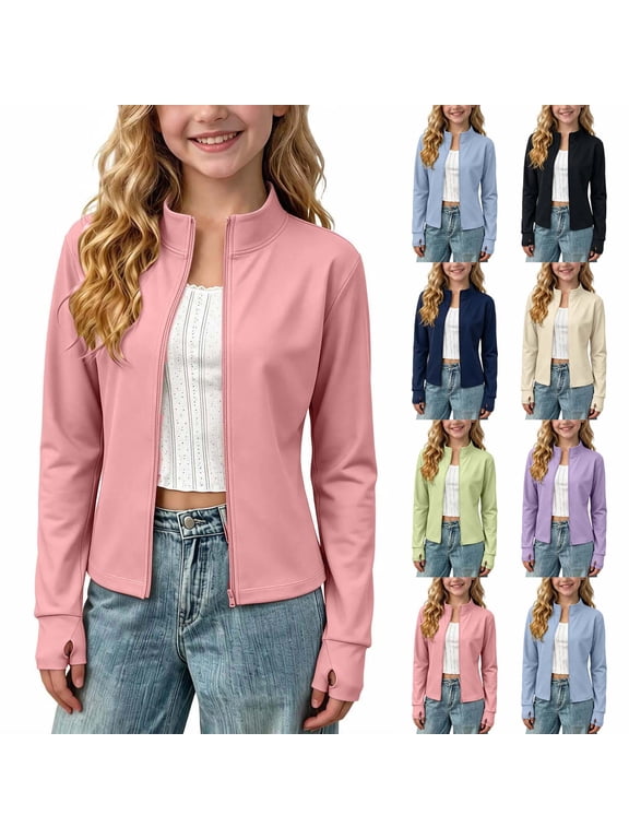 Girls Zip Up Jacket Stand Collar Long Sleeve Lightweight Casual Outerwear Full Zip Fitted Coat Kids Teen School Everyday Outdoor Spring Fall Clothes