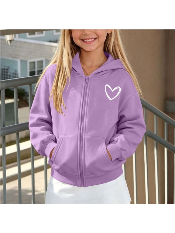 Girls Zip Up Hoodie Long Sleeve Hooded Sweatshirt with Heart Graphic and Pockets Kids Fall Spring School Everyday Casual Jacket