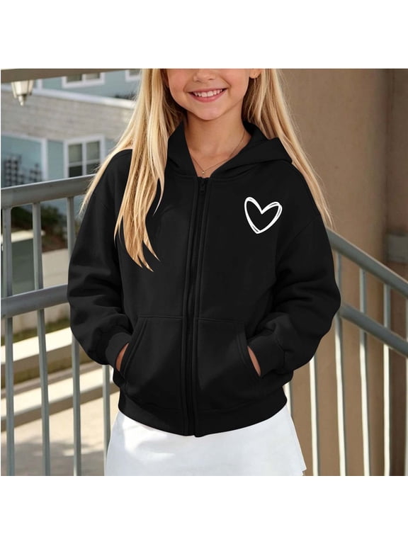 Girls Zip Up Hoodie Long Sleeve Hooded Sweatshirt with Heart Graphic and Pockets Kids Fall Spring School Everyday Casual Jacket