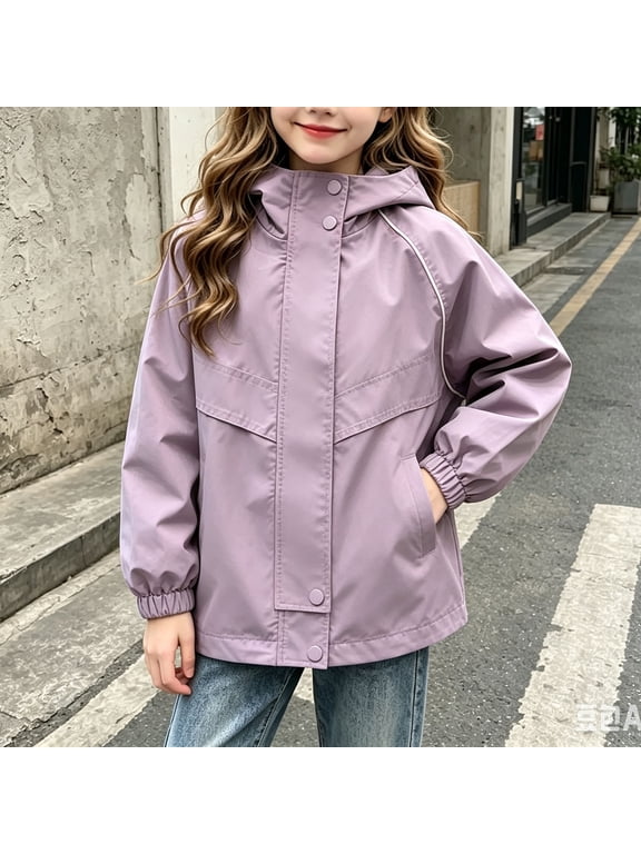Kids Jackets Girls Windproof Snap Button Hooded Jacket Relaxed Fit Elastic Cuffs and Hem Jackets with Slash Pockets Autumn Fashionable Outerwear