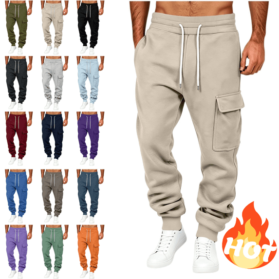 LUGOGNE Mens Cargo Sweatpants Fleece Lined Joggers Pants Drawstring Elastic Waist Casual Track Pants with Multi Pockets Beige,L