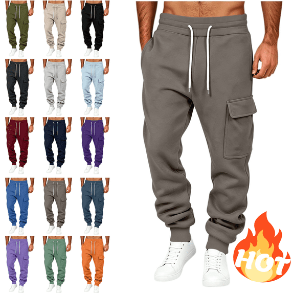 LUGOGNE Mens Cargo Sweatpants Fleece Lined Joggers Pants Drawstring Elastic Waist Casual Track Pants with Multi Pockets Coffee,XXXL