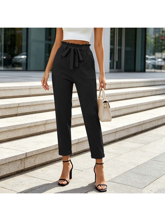Office Pants for Women Paperbag Smocked Waist Dress Pants Cuffed Ankle Straight Leg Business Casual Trousers with Pockets Black,S