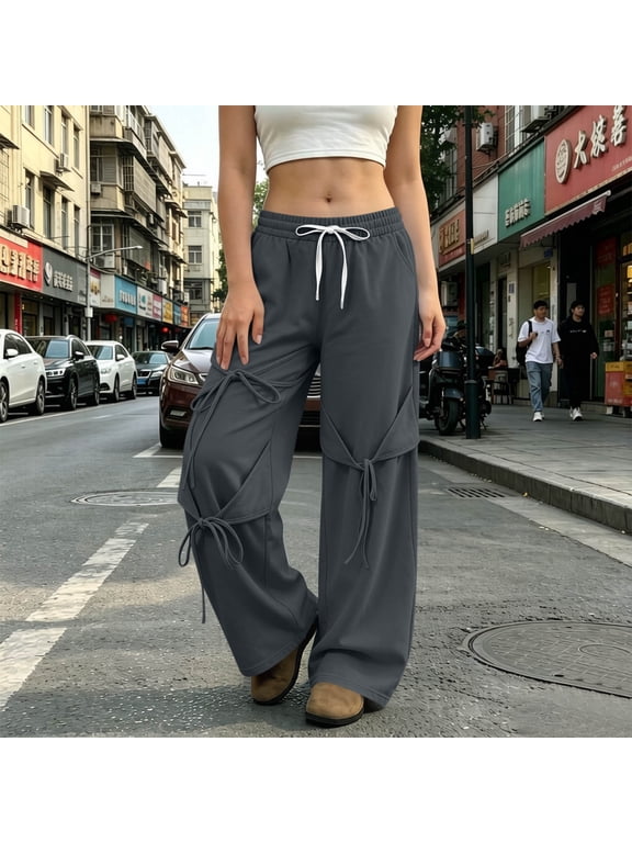 Sweatpants Women Baggy Drawstring Elastic Waist Lounge Pants Y2K Bow Decor Stitched Patchwork Loose Casual Streetwear with Pockets Gray,S