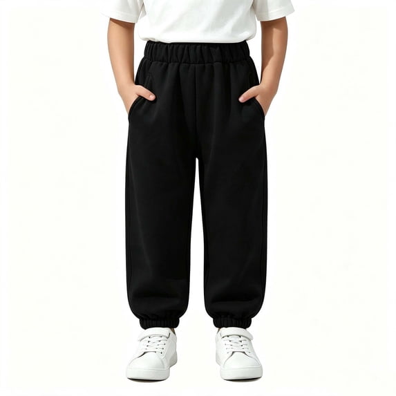 LUGOGNE Toddler Boys Fleece Lined Sweatpants with Pockets - Elastic Waist Casual Sherpa Warm Joggers Fall Winter Kids Clothing Black,Size 5