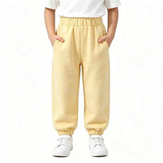 LUGOGNE Toddler Boys Fleece Lined Sweatpants with Pockets - Elastic Waist Casual Sherpa Warm Joggers Fall Winter Kids Clothing Yellow,Size 3
