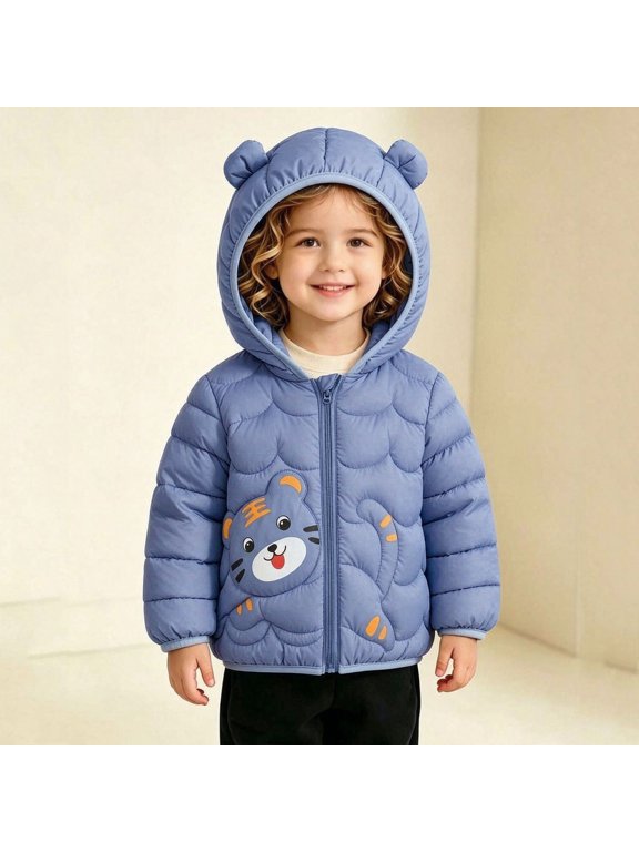 Toddler Boys Girls Hooded Puffer Jacket Bear Ear Winter Warm Lightweight Quilted Coat Zip Up Cute Tiger Graphic Outerwear for School Casual Outdoor Daily Blue,0-1Years