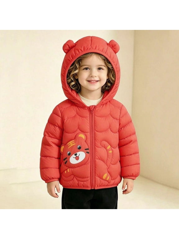 Toddler Boys Girls Hooded Puffer Jacket Bear Ear Winter Warm Lightweight Quilted Coat Zip Up Cute Tiger Graphic Outerwear for School Casual Outdoor Daily Red,0-1Years