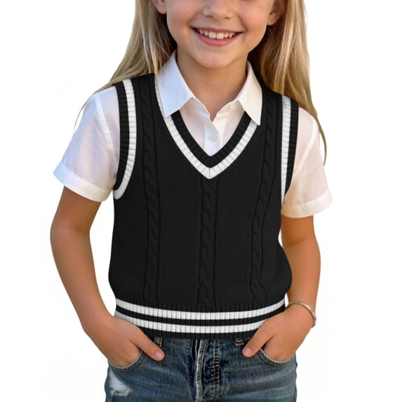 LUGOGNE Toddler Girls Sweater Vest V Neck School Uniform Sleeveless Sweaters Kids Preppy Cable Knit Tank Top