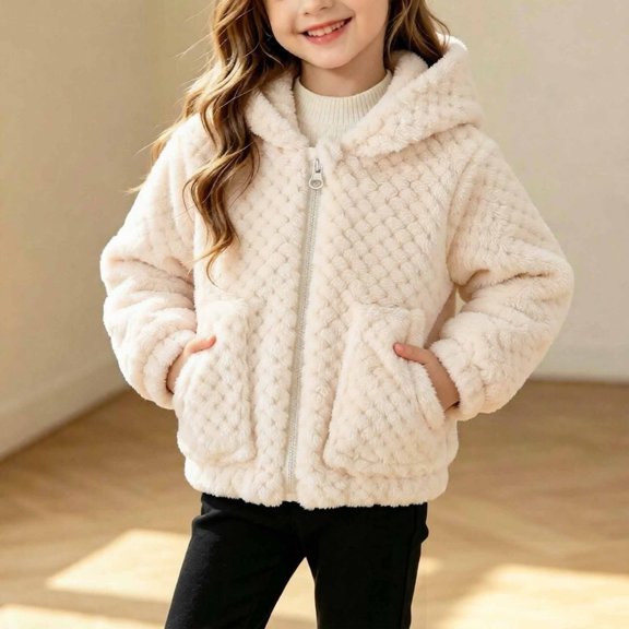 LUGOGNE Toddler Jacket Girls Sherpa Fleece Hooded Zip Up Sherpa Coat Textured Knit Ribbed Cuffs and Hem Jackets with Pockets Daily Home Gentle Comfy Outerwear