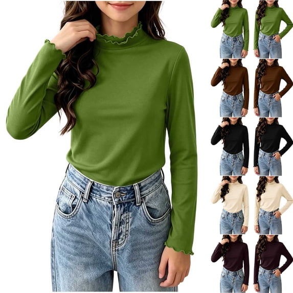 LUGOGNE Tween Girls Mock Neck T-Shirts Long Sleeve Thermal Shirts Solid Color Warm Undershirt Tops Green,170