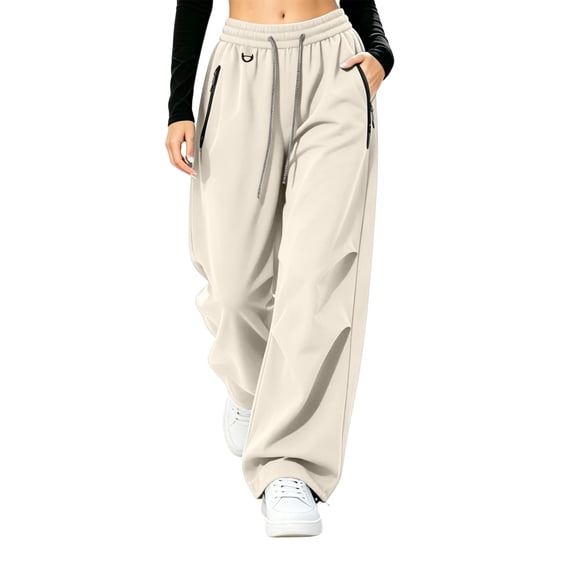 LUGOGNE Waterproof Hiking Pants Women Wide Leg Baggy Lounge Pants High Waist Drawstring Athletic Joggers with Zipper Pockets Khaki,L
