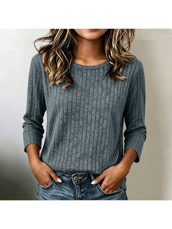 Womens 3/4 Sleeve Tops and Blouses Ribbed Knit Casual Crewneck Pullover Shirt Slim Fit Flattering Office Work Blouse