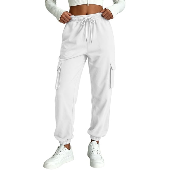 LUGOGNE Womens Cargo Joggers High Waisted Baggy Sweatpants with Multi Pockets for Casual Daily Outdoor White,XL