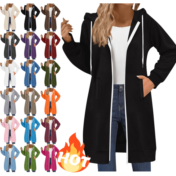 LUGOGNE Womens Long Hoodies Plus Size Zip Up Long Coat Loose Fit Drawstring Fall Winter Hooded Sweatshirt with Pockets Black,XXXL