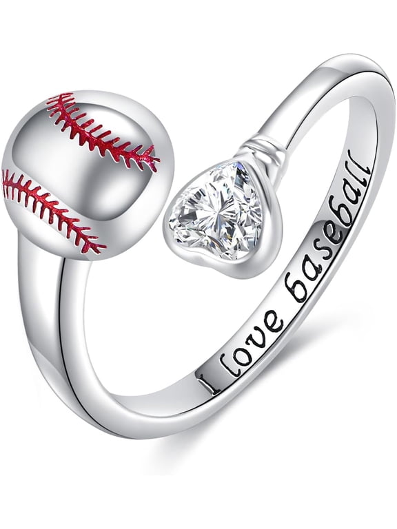 Baseball Rings Sterling Silver Adjustable Size 7 Baseball Heart Jewelry Women's Sport Gifts
