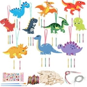 LUIISIS 10 Pack Dinosaur Wind Chime Kit for Kids, Make Your Own Dinosaur Wind Chime Wooden Arts and Crafts for Girls Boys, DIY Coloring Art Activity for Dinosuar Themed Birthday Party(Dinosaur)