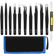 LUIISIS 12 Pcs Precision Tweezers Set, Premium Craft Tweezers Kit, Stainless Steel Electronic ESD Tweezers, Anti Static Industrial Soldering Tweezers, with Tweezer Storage Bag