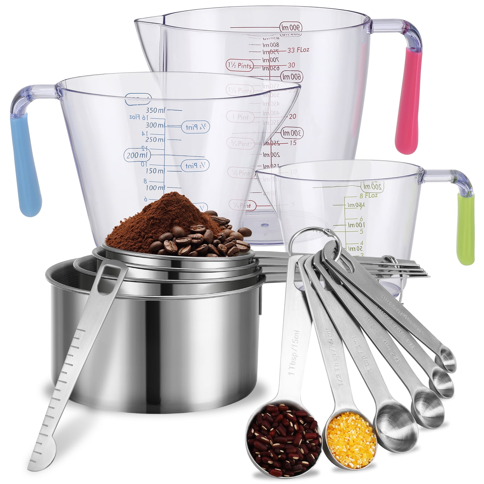 LUIISIS 14-Piece Measuring Cups and Spoons Set, Nesting Stainless Steel Measuring Cups Spoons with Plastic Measuring Cup for Dry and Liquid Ingredients, Kitchen Cooking & Baking Gadgets - Walmart.com