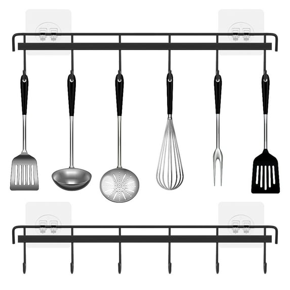 LUIISIS 2 Pack Kitchen Utensil Rack Wall Mount, Black Adhesive Kitchen Utensil Hanger, No Drilling Kitchen Utensil Holder with 6 Hooks, Space Saving Kitchen Wall Hooks for Hanging Knives, Spoon
