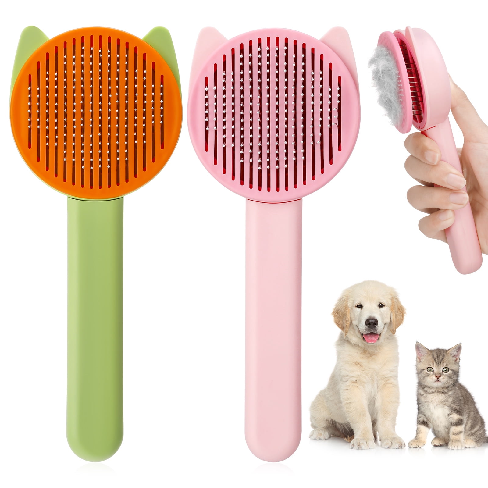 LUIISIS 2 Pcs Pet Hair Combs Pet Brushes, Pet Hair Comb & Remover Clean Pet Hair with One Click for Cat Dog (Pink/Green)