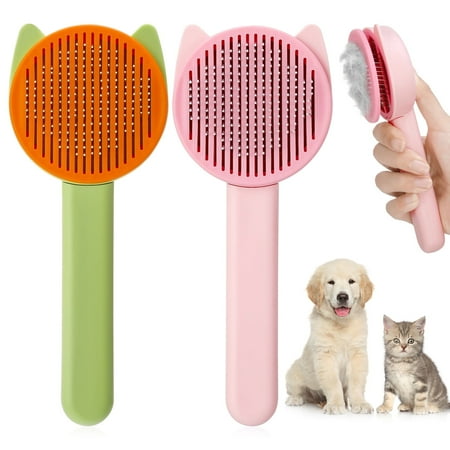 HEQUSigns 2 Pcs Cat Brush with Release Button, Pet Brush, Self-Cleaning Sliker Brush with One Click, Grooming Brush for Cat Dog (Pink+Green)