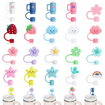LUIISIS 20Pcs Straw Cover Caps, Cute Cartoon Straw Toppers for Drinking Straws, Portable Straw Tips Covers for 30&40 Oz 10mm Reusable Silicone Straw Topper, Cups Accessories