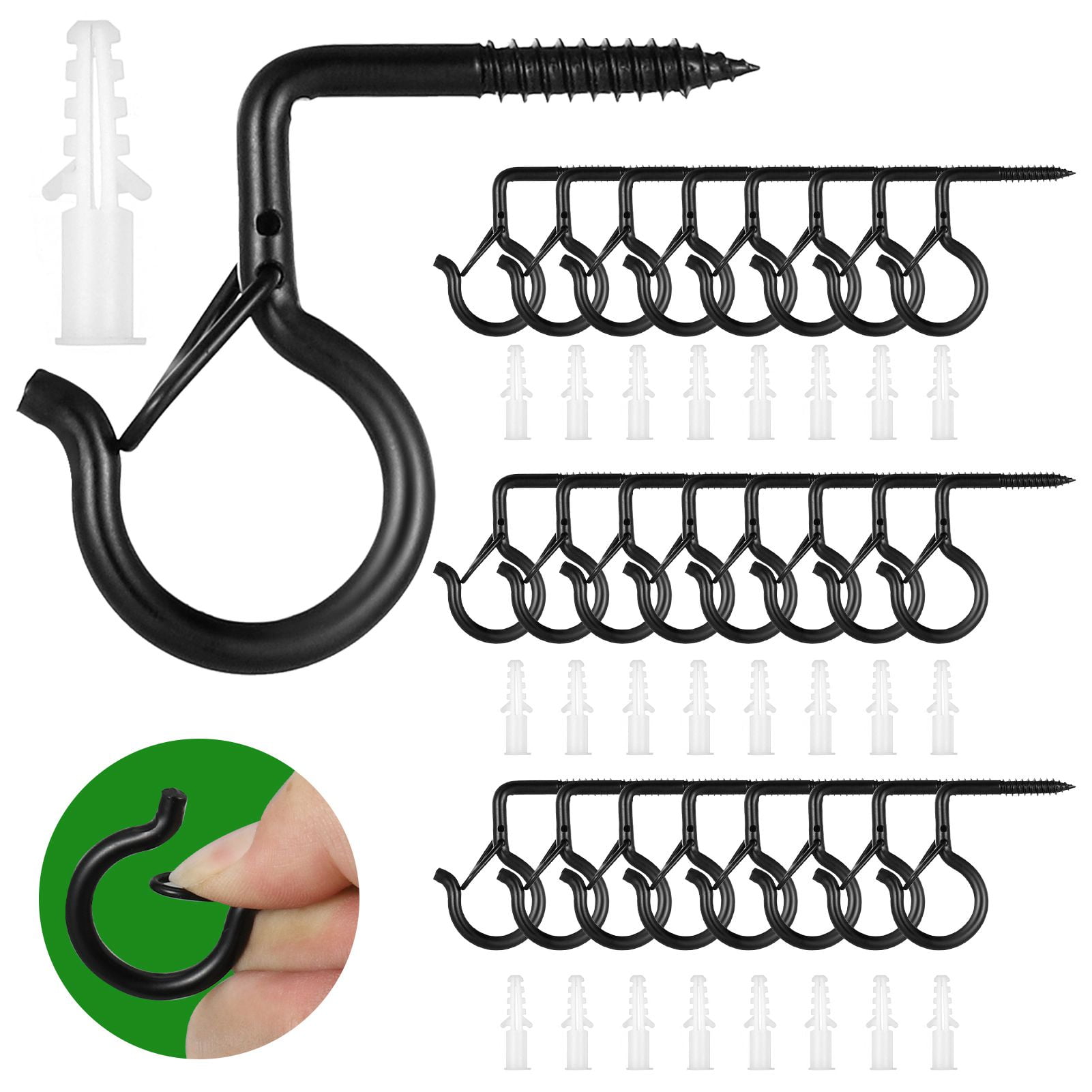 LUIISIS 24 PCS Q-Hanger Hooks with Safety Buckle, Patio Light Hangers, Windproof Ceiling Outdoor Hooks for Hanging Outdoor String Lights, Screw Hooks for Hanging Patio Lights, Christmas Lights and Plants