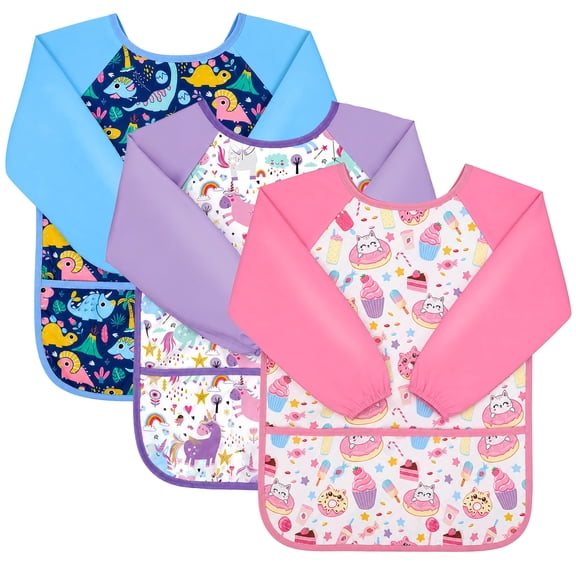 LUIISIS 3 Pack Kids Art Smocks, Waterproof Artist Painting Aprons for Ages 3-8, Long Sleeve and 3 Pockets, Cartoon Kids Apron for Painting, Cooking, Eating, Crafts