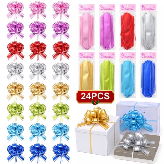 LUIISIS 24 Pcs Christmas Pull Bows for Gift Wrapping, 12 Colors 7 Inch Reusable Multicolor Large Ribbon Gift Bows for Christmas Tree, Gift Baskets Bows Presents
