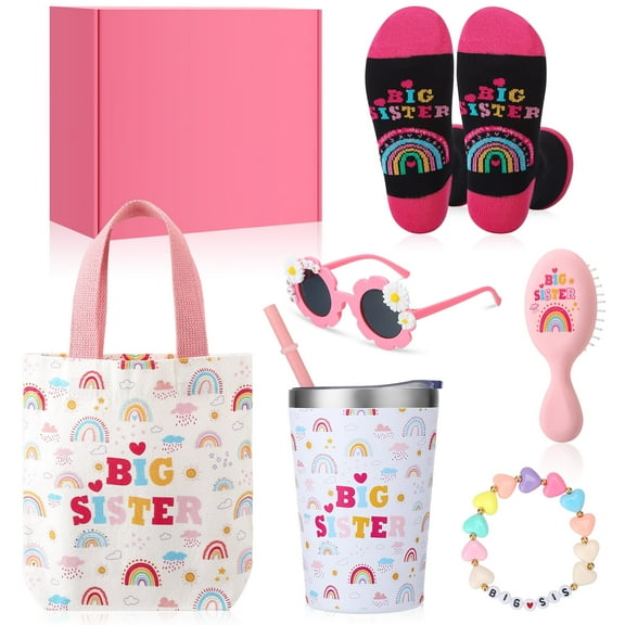LUIISIS 6 Pcs Big Sister Gifts for Girls, Included 12 oz Stainless Steel Sister Cup, Sunglasses, Bracelet, Hair Brush, Socks and Canvas Bag, Promoted to Big Sister Gift Set for Little Girls