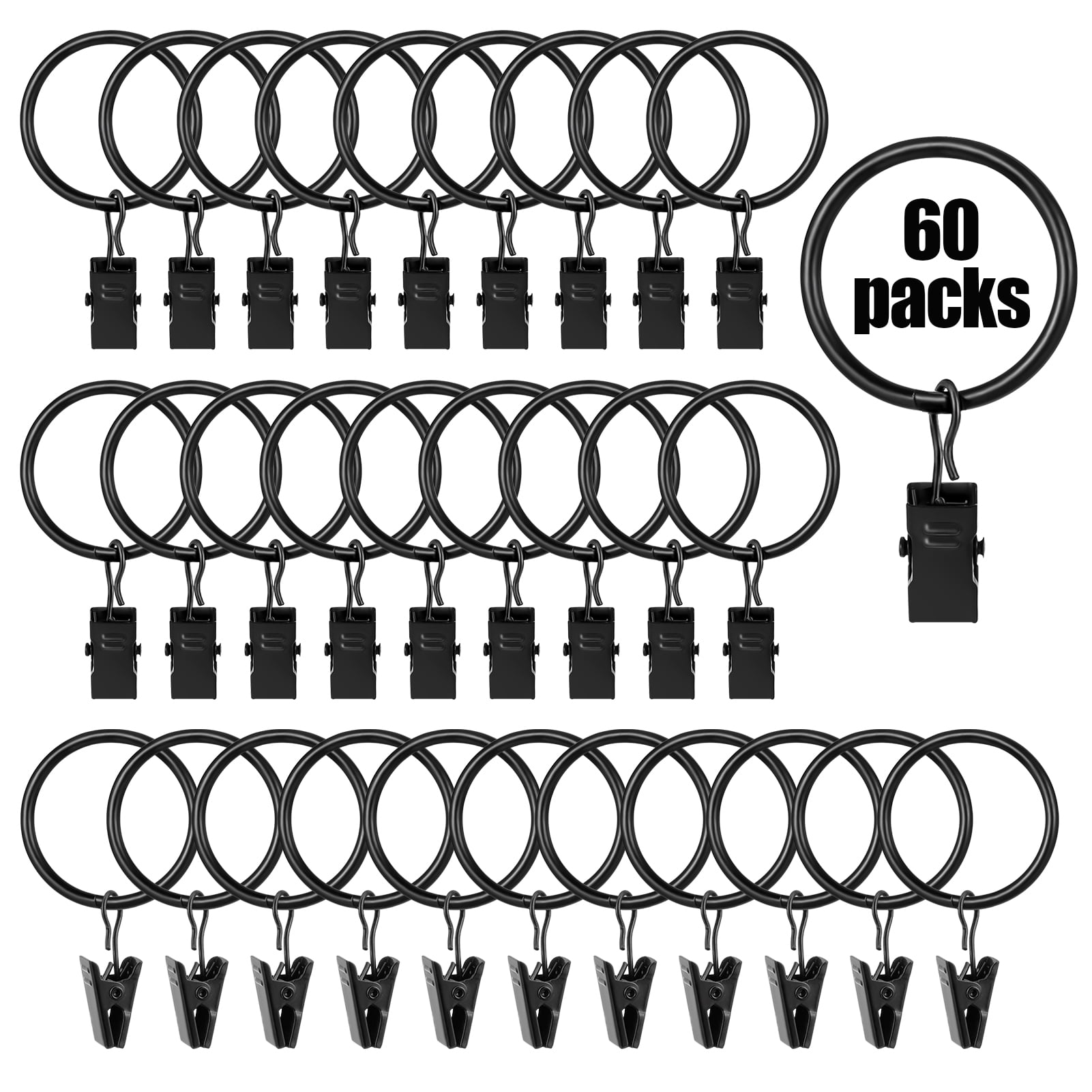 LUIISIS 60Pcs 1.5Inch Curtain Rings with Clips, Rustproof Stainless