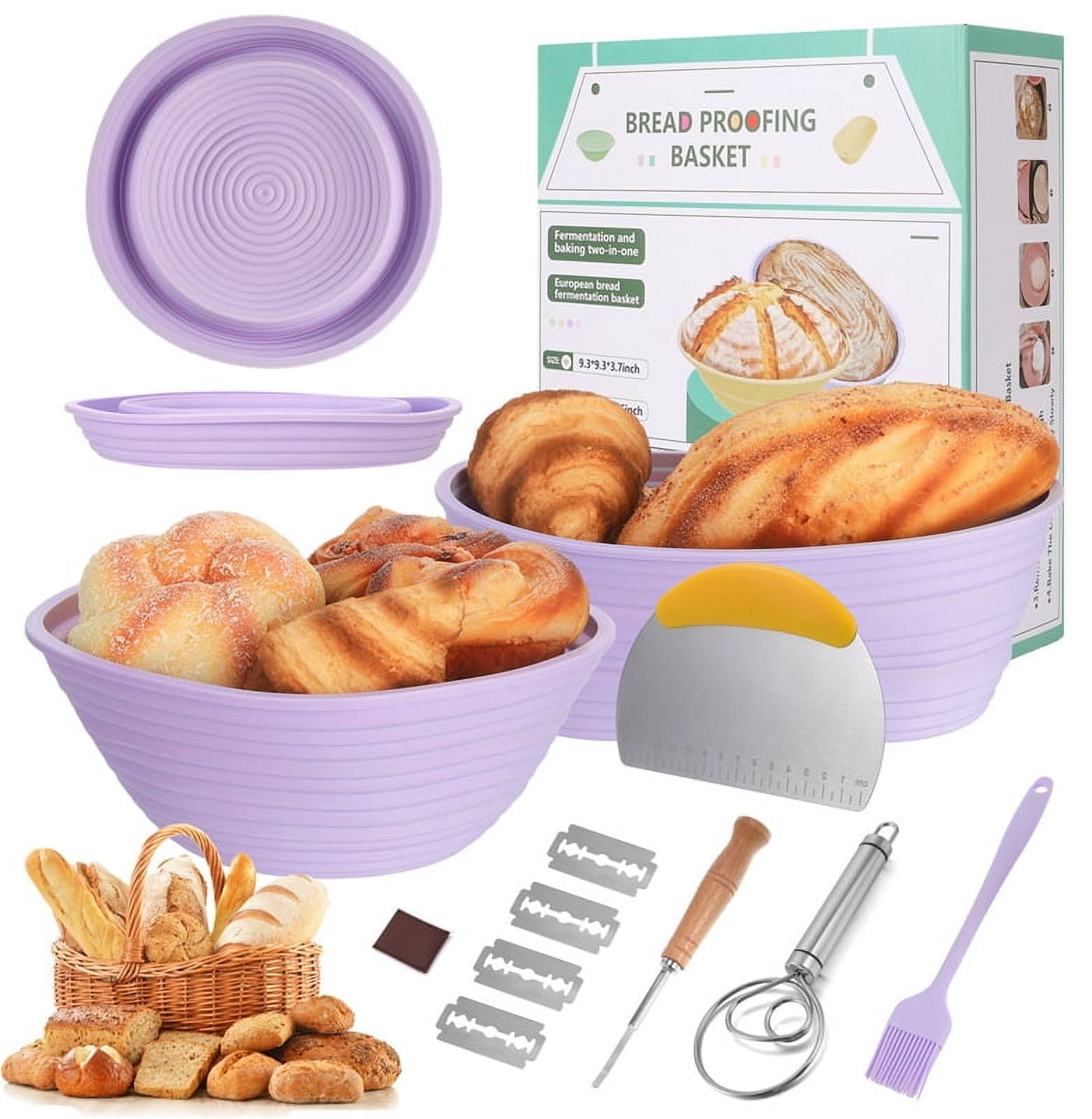Sourdough Bread Baking Kit - Oval & Round Banneton Proofing Baskets With Dough Whisk & Tools