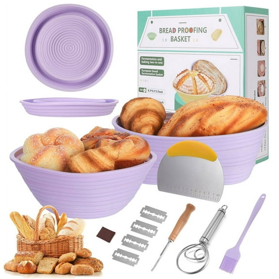 LUIISIS 7Pcs Silicone Banneton Bread Proofing Baskets, 9.4 Inch Round & 9.8 Inch Oval Foldable Sourdough Baking Basket, Complete Set for Bread Making With Essential Tools, Easy to Clean and Storage