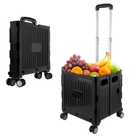 LUIISIS Folding Utility Cart, Portable Rolling Crate Handcart Shopping Trolley Collapsible Tool Box, Rolling Cart for Teachers with Lid, Basket on 4 Rotate Wheels, for Shopping, Office, Storage