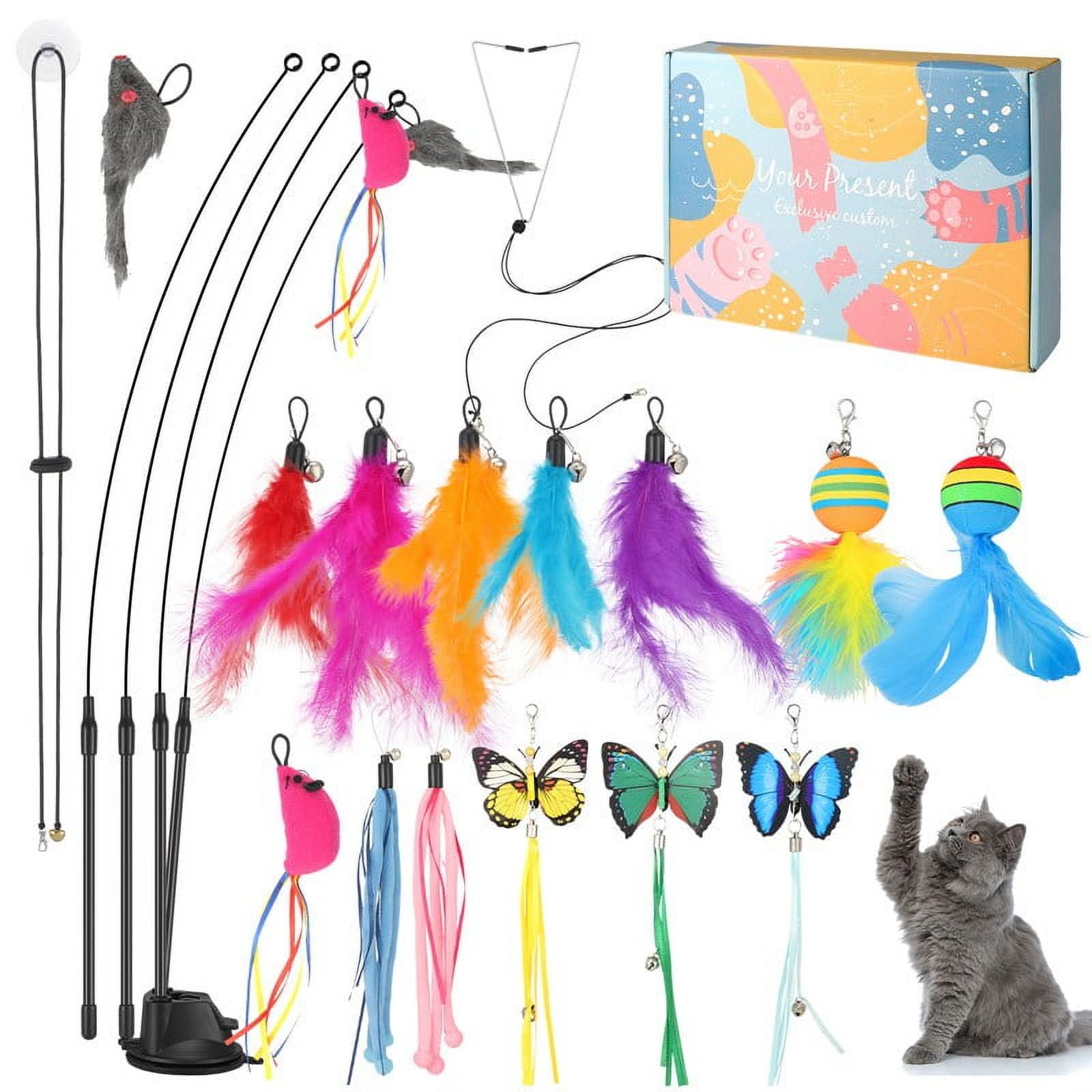 LUIISIS 22Pcs Cat Wand Toy Feather Toy, Interactive Cat Fishing Pole Toy with Suction Cup, Cat Butterfly Kitten Toy Set, Hanging Cat String and Mouse Toy for Indoor Cats Necessities