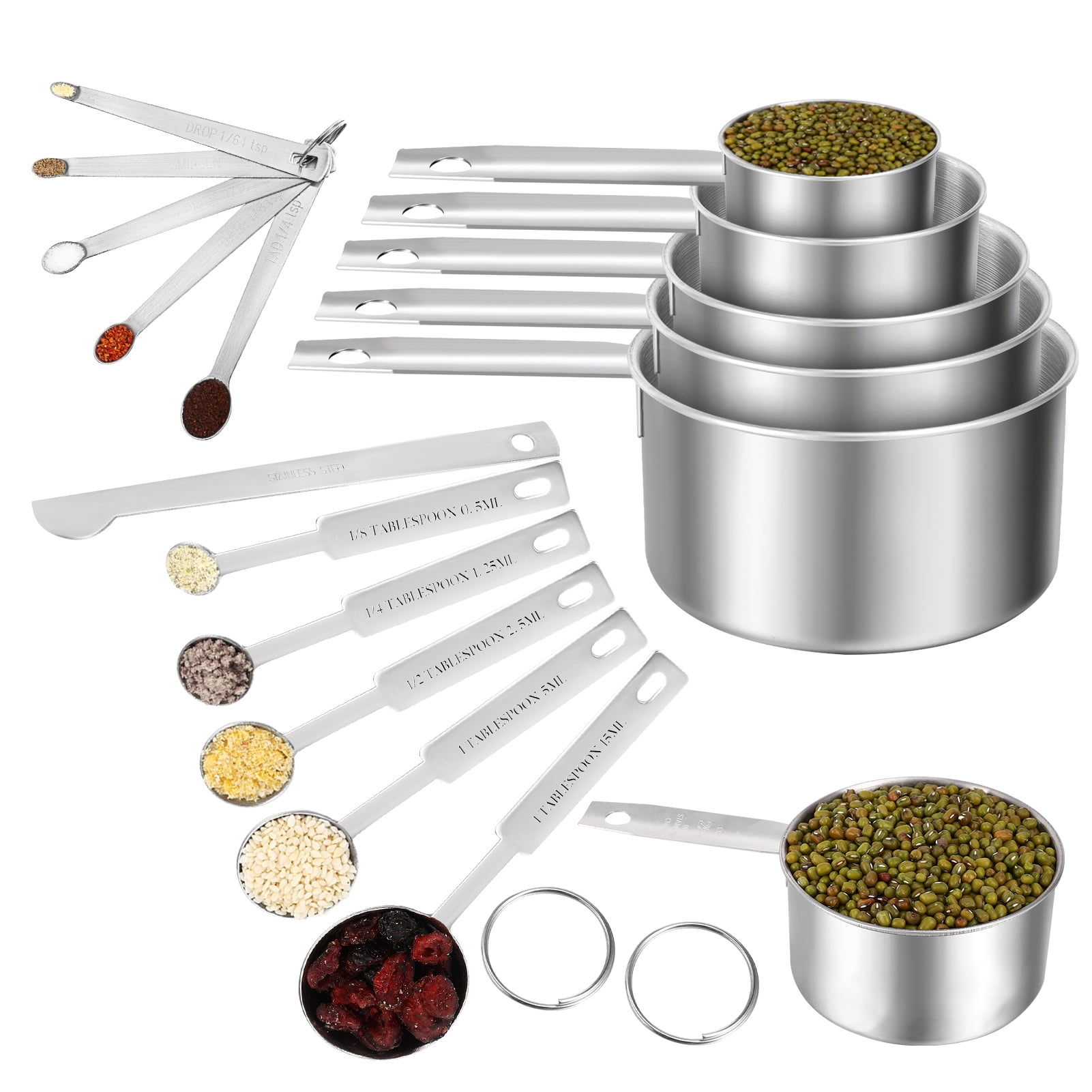 LUIISIS Measuring Cups and Spoons Set of 16, 5 Stainless Steel Nesting Measuring Cups & 5 Spoons, 1 + Leveler & 5 Mini Measuring Spoons for Cooking & Baking