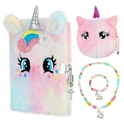 LUIISIS Unicorn Diary for Girls with Lock and Keys, Tie-Dye Fuzzy Unicorn Journal Set with Necklaces, Bracelets, Coin Purses, Rainbow Unicorn Plush Secret Diary Girls Gift for Writing and Drawing(Flying Unicorn)
